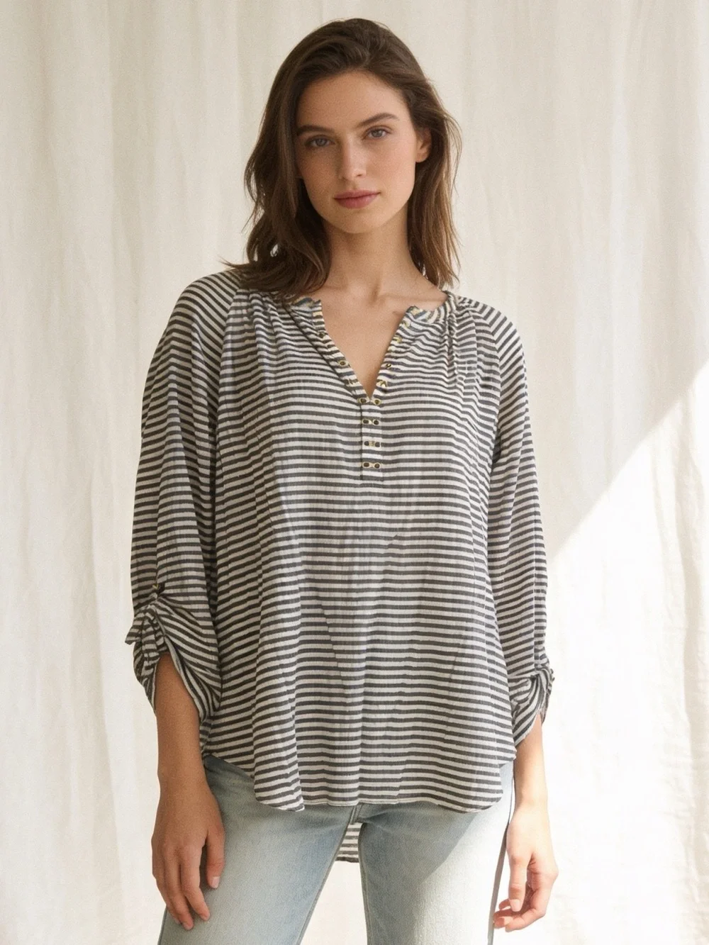 Michael Kors Striped Gold Button Henley Blouse Top M